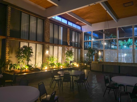 Large dining are with light illuminating plants